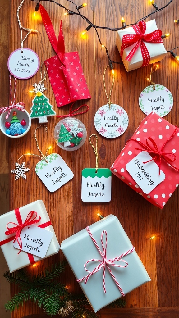 A collection of handmade Christmas crafts including ornaments, gift tags, and wrapped presents on a rustic table.